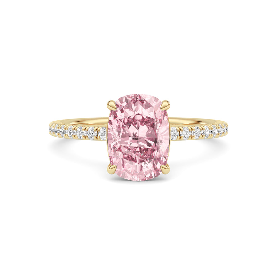 Yellow gold Fancy Pink Cushion Cut Diamond Solitaire with Pavé Band