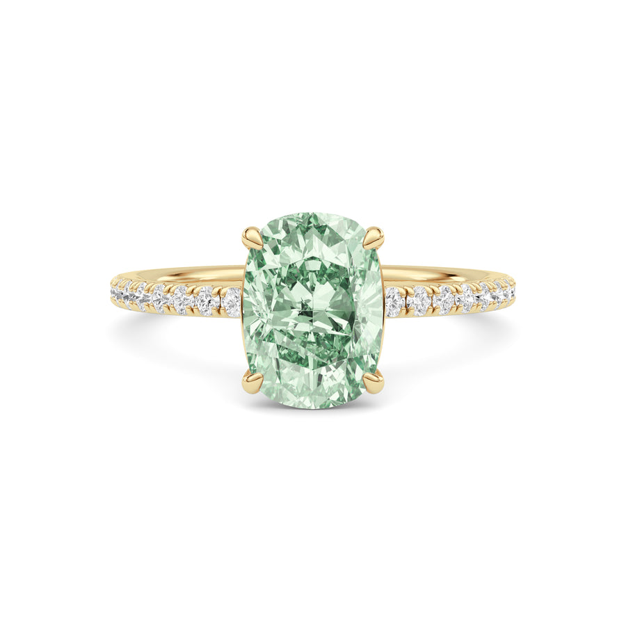 Yellow gold Fancy Green Cushion Cut Diamond Solitaire with Pavé Band