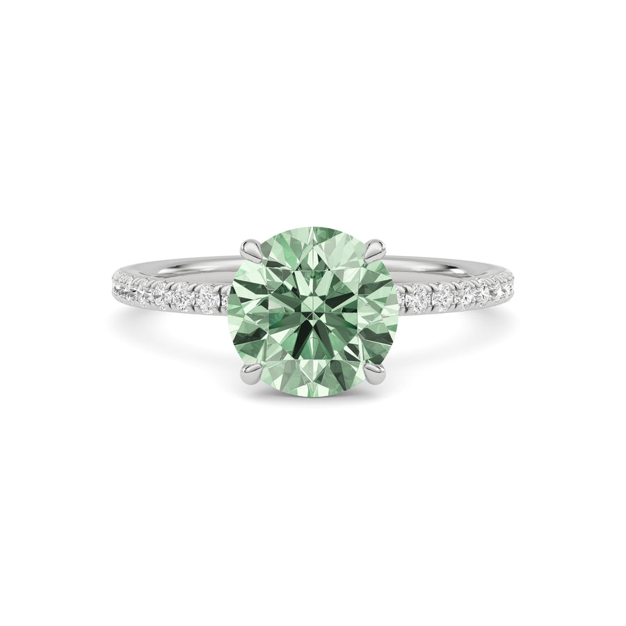 White gold Fancy Green Round Cut Diamond Solitaire with Pavé Band