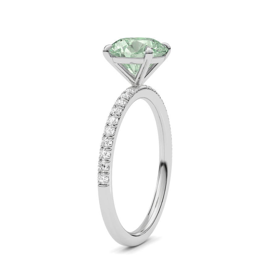 White gold Fancy Green Round Cut Diamond Solitaire with Pavé Band