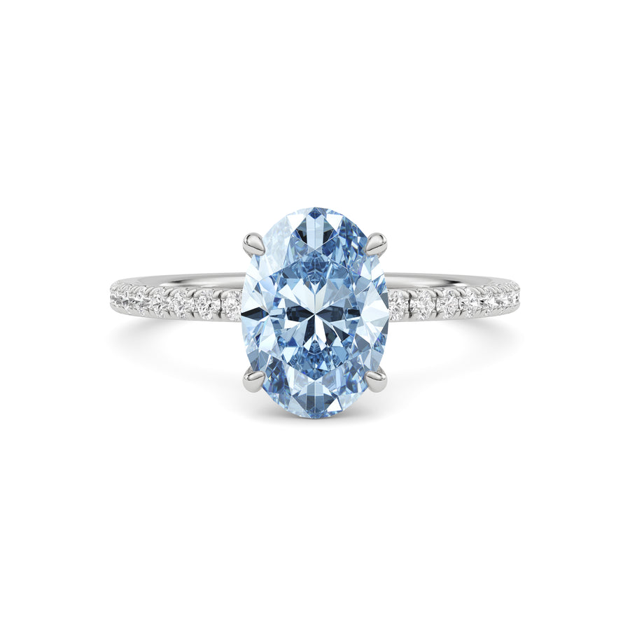 White gold Fancy Blue Oval Cut Diamond Solitaire with Pavé Band