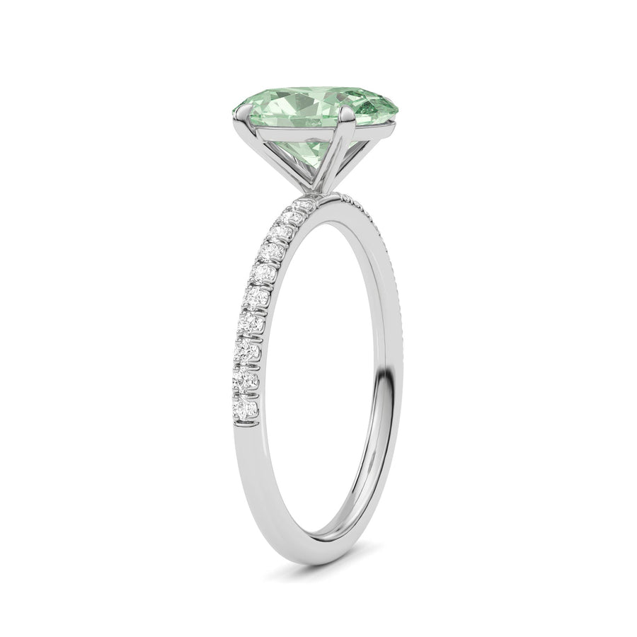 White gold Fancy Green Oval Cut Diamond Solitaire with Pavé Band