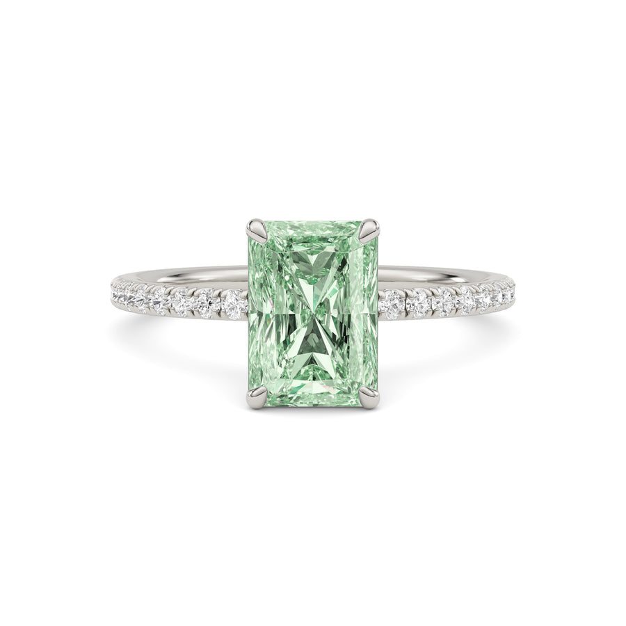 Silver Fancy Green Radiant Cut Diamond Solitaire with Pavé Band