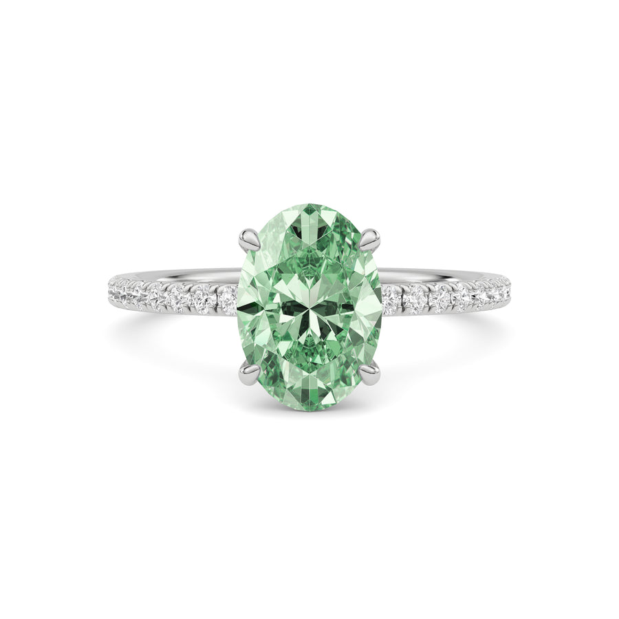 Silver Fancy Green Oval Cut Diamond Solitaire with Pavé Band
