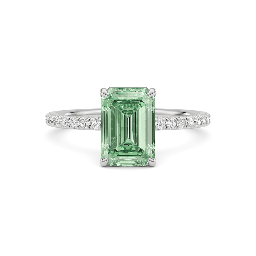 Silver Fancy Green Emerald Cut Diamond Solitaire with Pavé Band