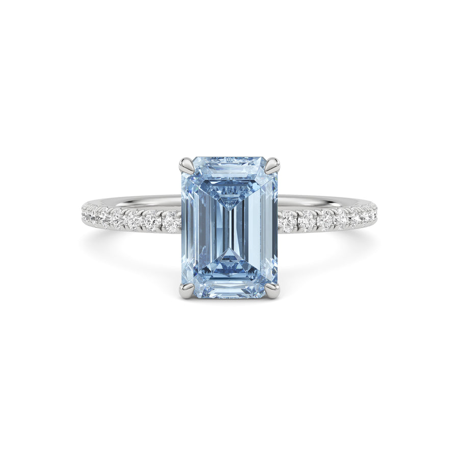 Platinum Fancy Blue Emerald Cut Diamond Solitaire with Pavé Band