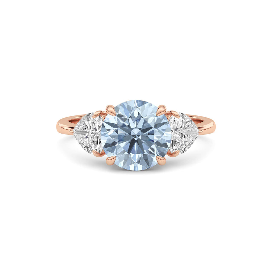 Rose gold Three-Stone Fancy Blue Round Cut Diamond Ring with Heart Side Stones