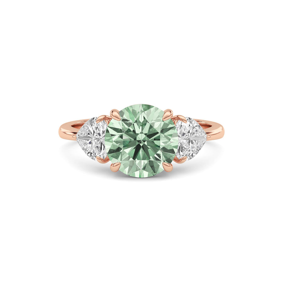 Rose gold Three-Stone Fancy Green Round Cut Diamond Ring with Heart Side Stones