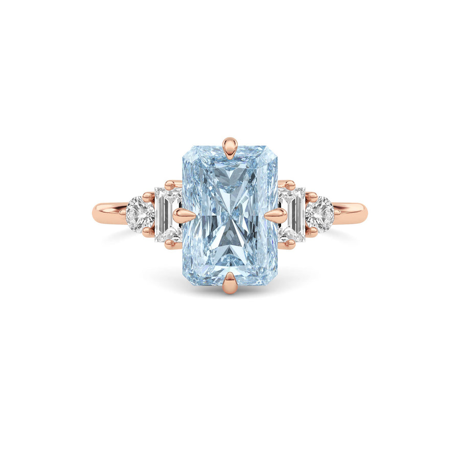 Rose gold Three-Stone Fancy Blue Radiant Cut Diamond Ring with Heart Side Stones