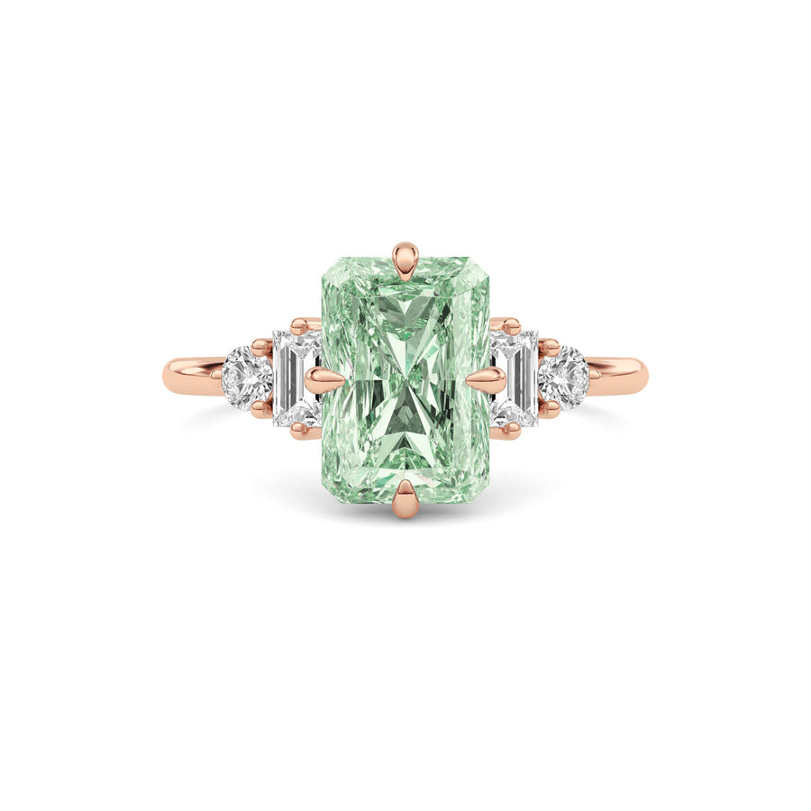 Rose gold Three-Stone Fancy Green Radiant Cut Diamond Ring with Heart Side Stones
