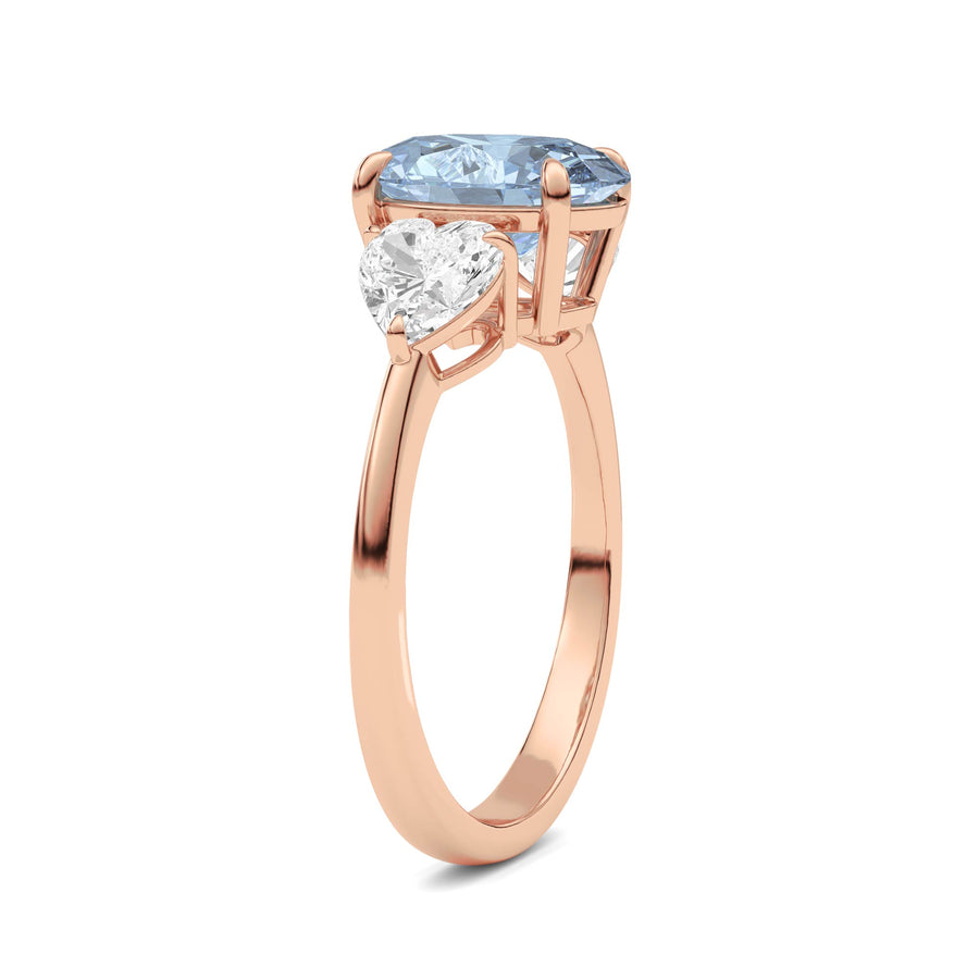 Rose gold Three-Stone Fancy Blue Oval Cut Diamond Ring with Heart Side Stones