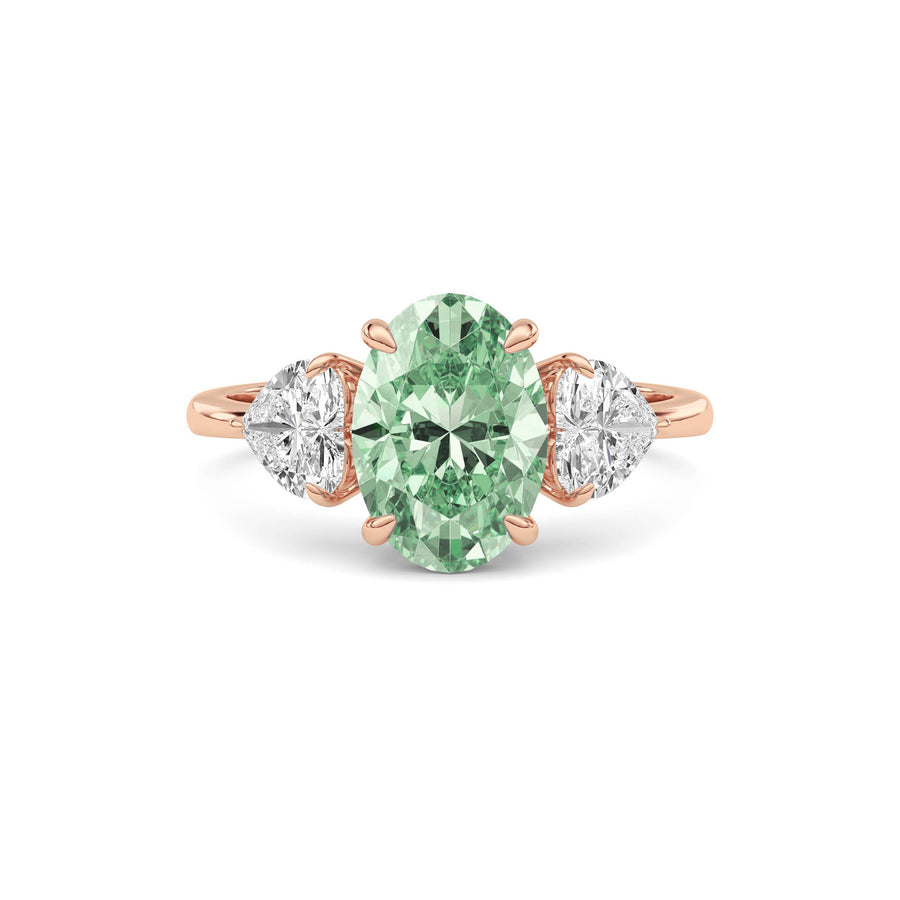 Rose gold Three-Stone Fancy Green Oval Cut Diamond Ring with Heart Side Stones