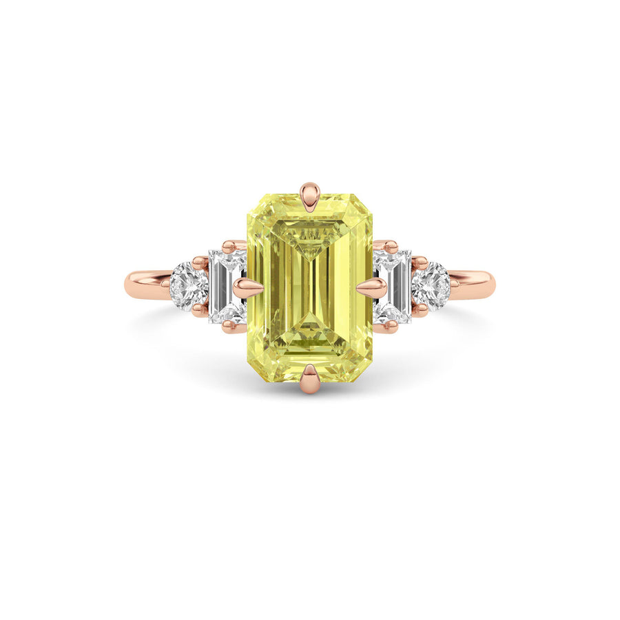 Rose gold Three-Stone Fancy Yellow Emerald Cut Diamond Ring with Heart Side Stones