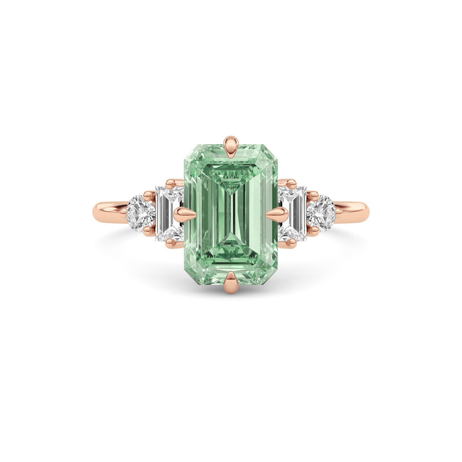 Rose gold Three-Stone Fancy Green Emerald Cut Diamond Ring with Heart Side Stones