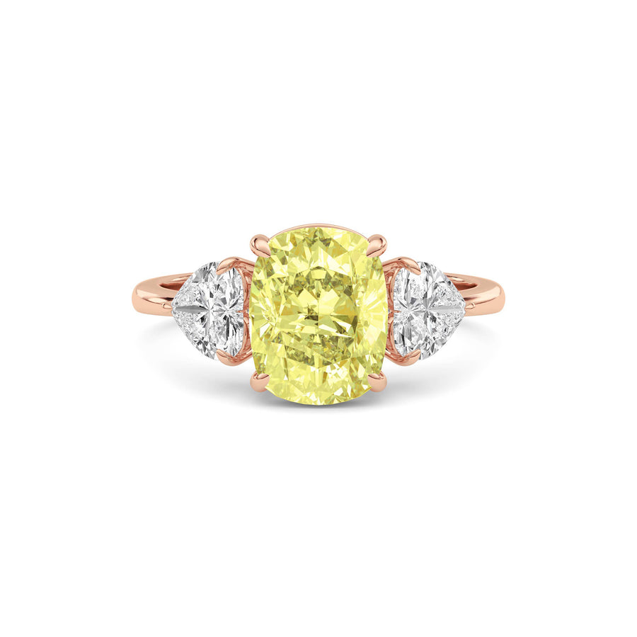 Rose gold Three-Stone Fancy Yellow Cushion Cut Diamond Ring with Heart Side Stones