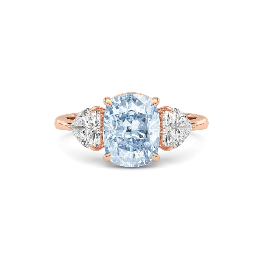 Rose gold Three-Stone Fancy Blue Cushion Cut Diamond Ring with Heart Side Stones