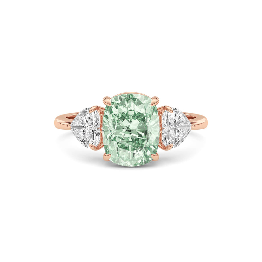 Rose gold Three-Stone Fancy Green Cushion Cut Diamond Ring with Heart Side Stones