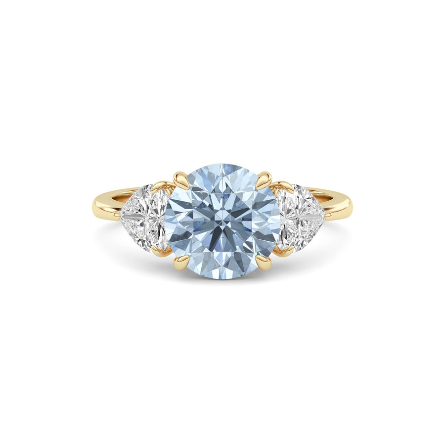 Yellow gold Three-Stone Fancy Blue Round Cut Diamond Ring with Heart Side Stones