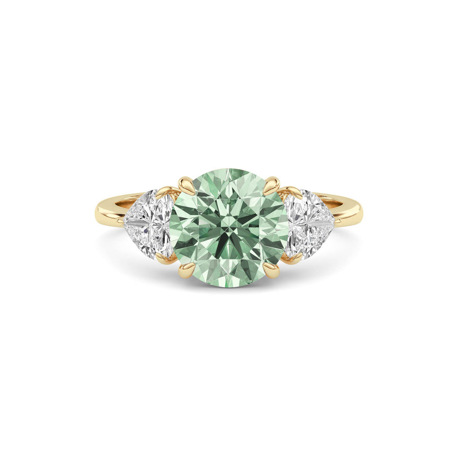 Yellow gold Three-Stone Fancy Green Round Cut Diamond Ring with Heart Side Stones