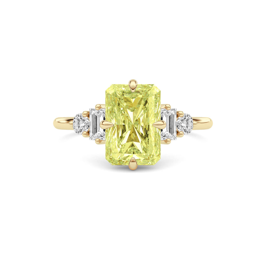 Yellow gold Three-Stone Fancy Yellow Radiant Cut Diamond Ring with Heart Side Stones