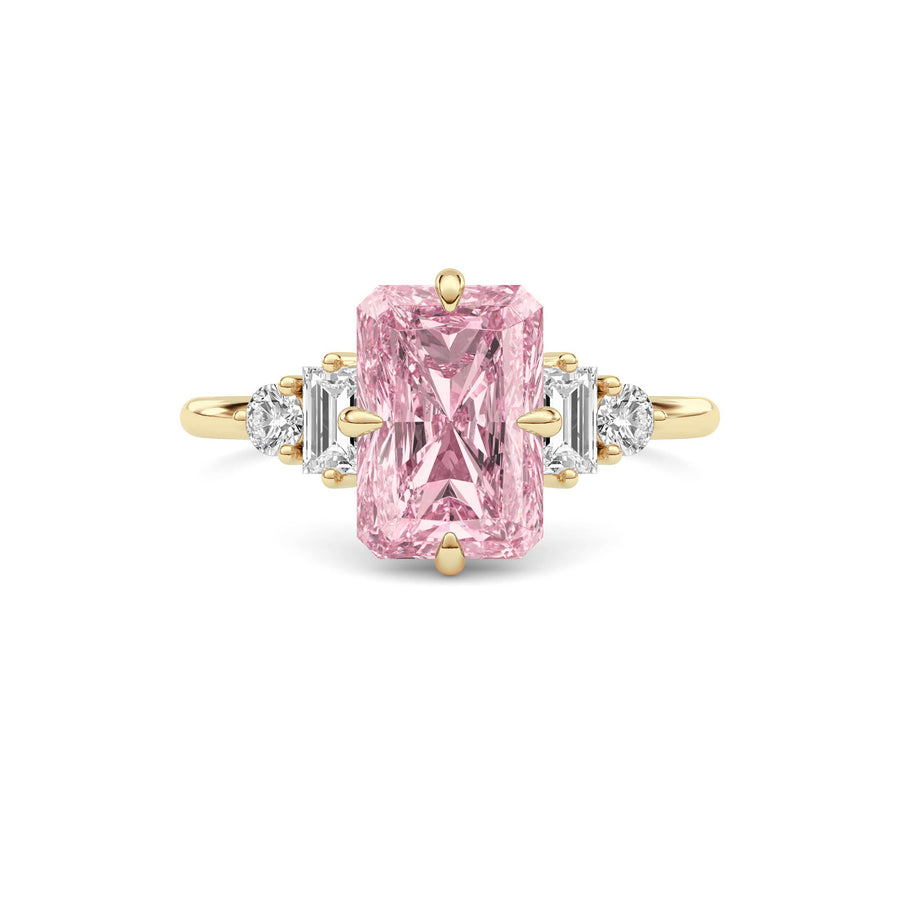 Yellow gold Three-Stone Fancy Pink Radiant Cut Diamond Ring with Heart Side Stones