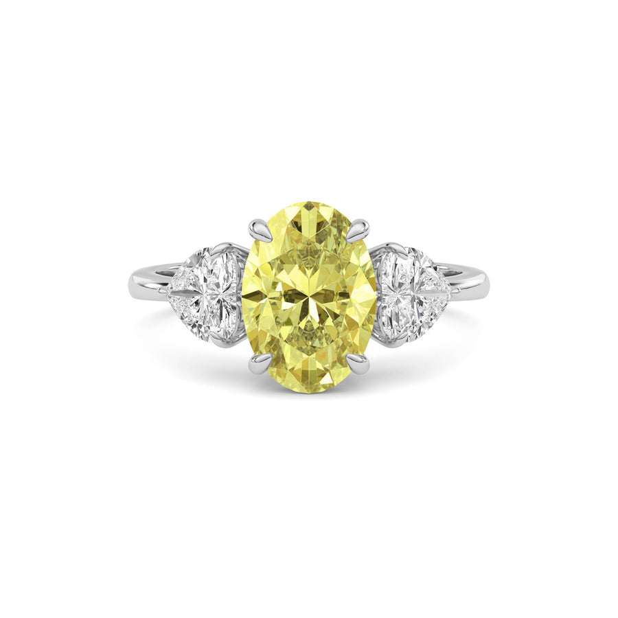 Yellow gold Three-Stone Fancy Yellow Oval Cut Diamond Ring with Heart Side Stones