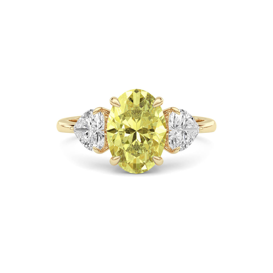 Yellow gold Three-Stone Fancy Yellow Oval Cut Diamond Ring with Heart Side Stones