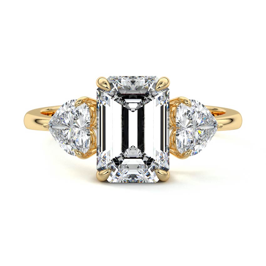 Yellow gold Three-Stone Emerald Diamond Ring with Heart Side Stones