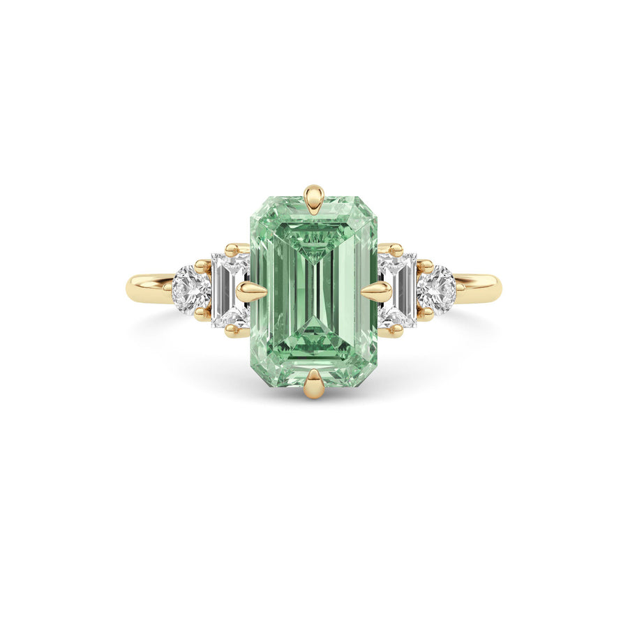 Yellow gold Three-Stone Fancy Green Emerald Cut Diamond Ring with Heart Side Stones