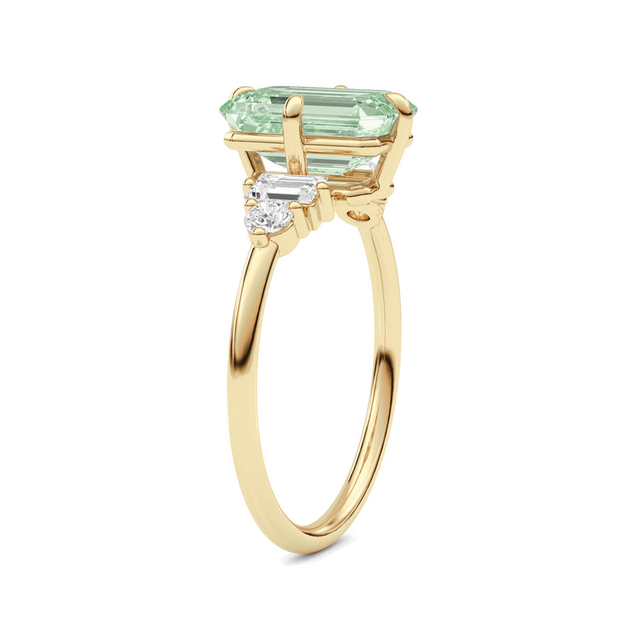 Yellow gold Three-Stone Fancy Green Emerald Cut Diamond Ring with Heart Side Stones