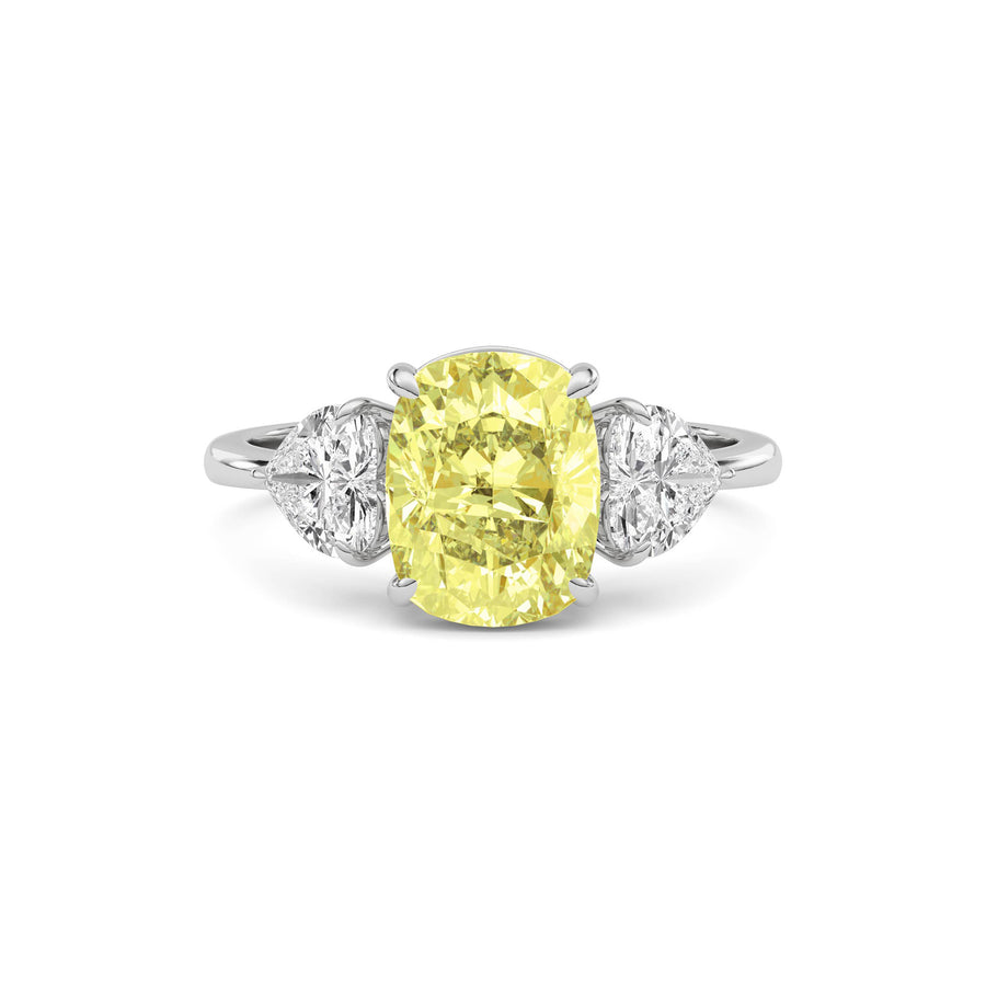 Yellow gold Three-Stone Fancy Yellow Cushion Cut Diamond Ring with Heart Side Stones