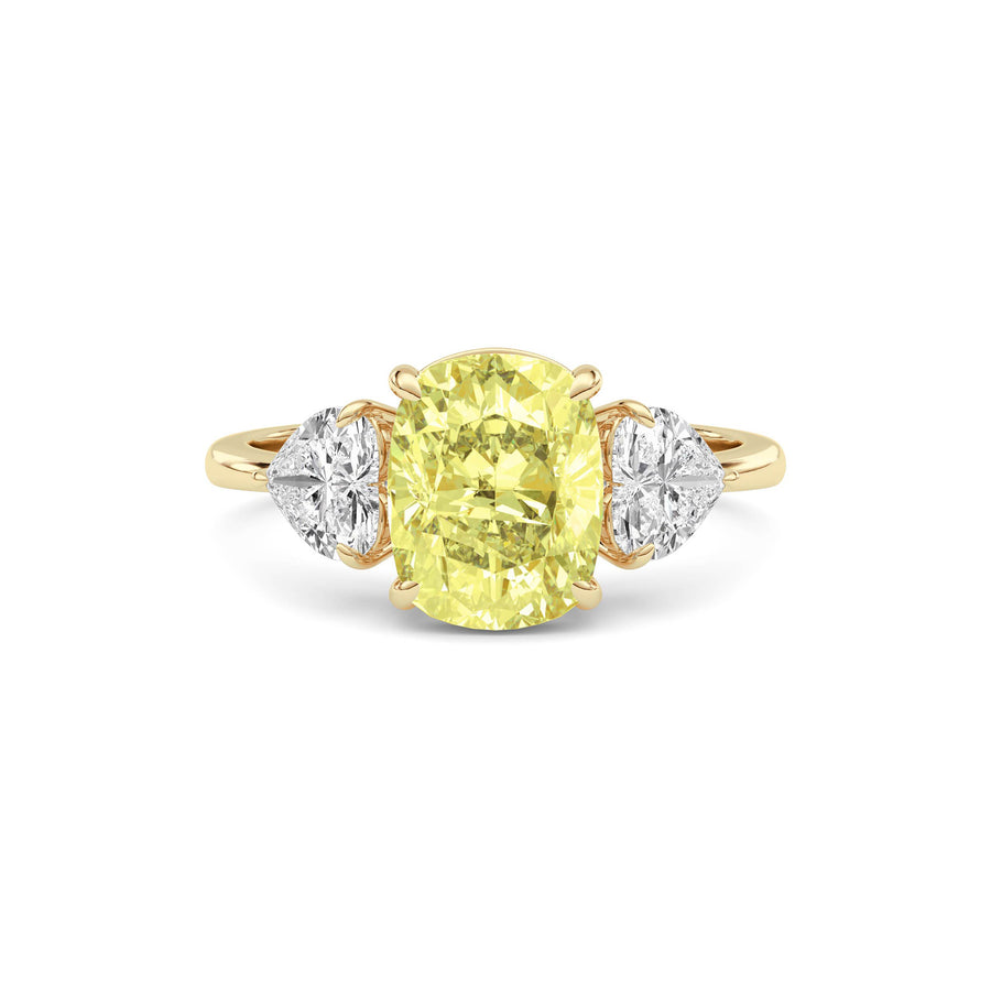 Yellow gold Three-Stone Fancy Yellow Cushion Cut Diamond Ring with Heart Side Stones
