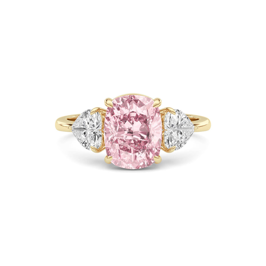 Yellow gold Three-Stone Fancy Pink Cushion Cut Diamond Ring with Heart Side Stones