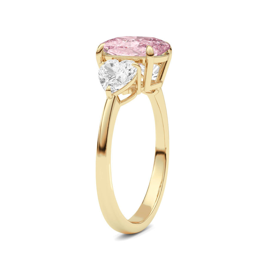 Yellow gold Three-Stone Fancy Pink Cushion Cut Diamond Ring with Heart Side Stones