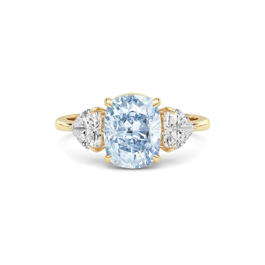 Yellow gold Three-Stone Fancy Blue Cushion Cut Diamond Ring with Heart Side Stones
