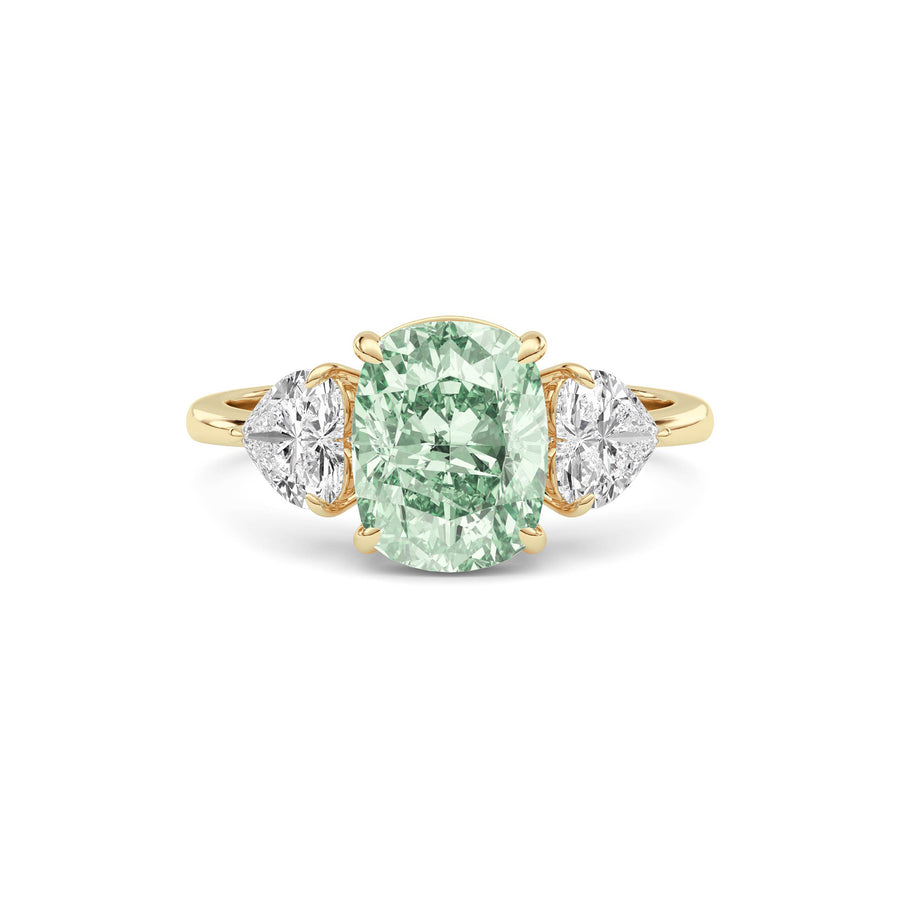Yellow gold Three-Stone Fancy Green Cushion Cut Diamond Ring with Heart Side Stones