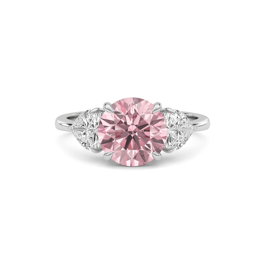 White gold Three-Stone Fancy Pink Round Cut Diamond Ring with Heart Side Stones