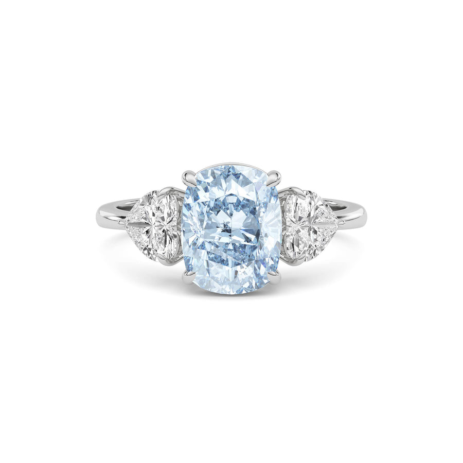 White gold Three-Stone Fancy Blue Cushion Cut Diamond Ring with Heart Side Stones
