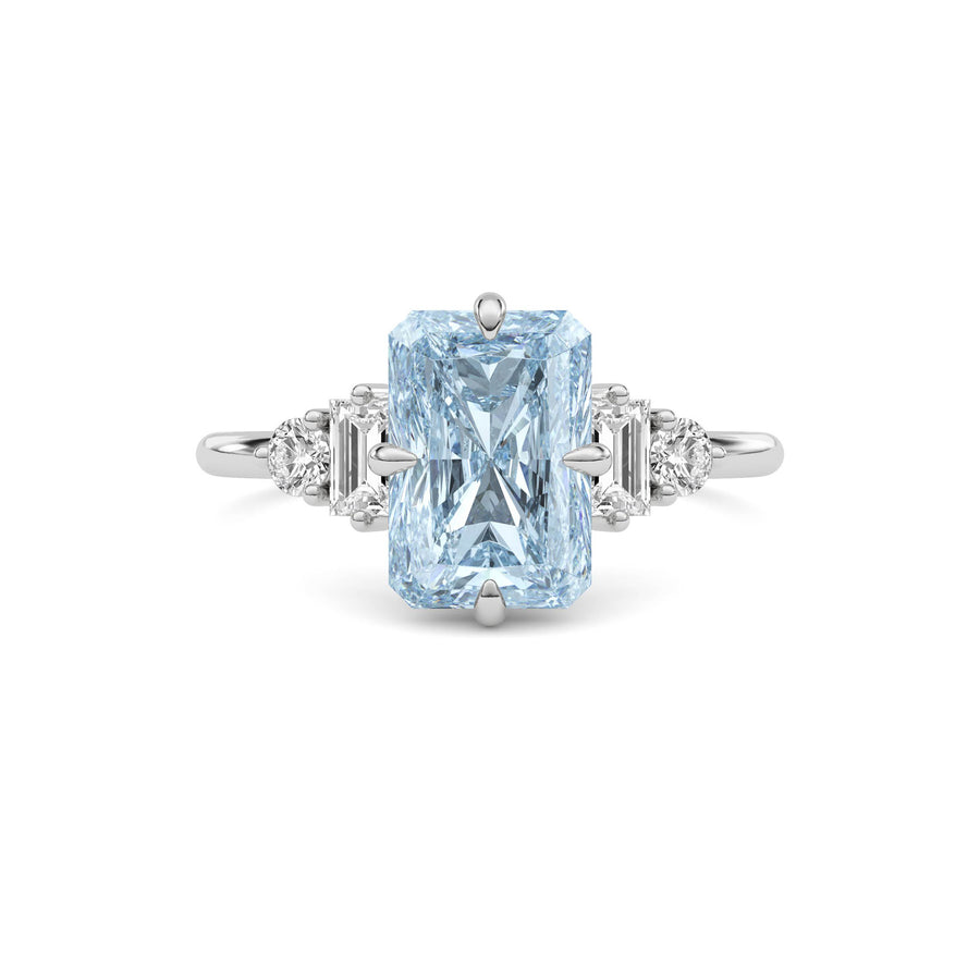 Silver Three-Stone Fancy Blue Radiant Cut Diamond Ring with Heart Side Stones