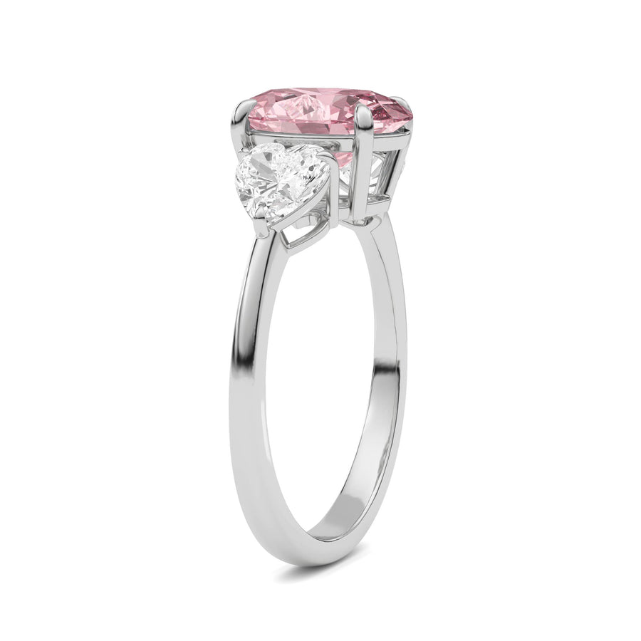 Silver Three-Stone Fancy Pink Oval Cut Diamond Ring with Heart Side Stones