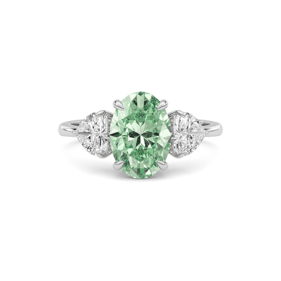 Silver Three-Stone Fancy Green Oval Cut Diamond Ring with Heart Side Stones
