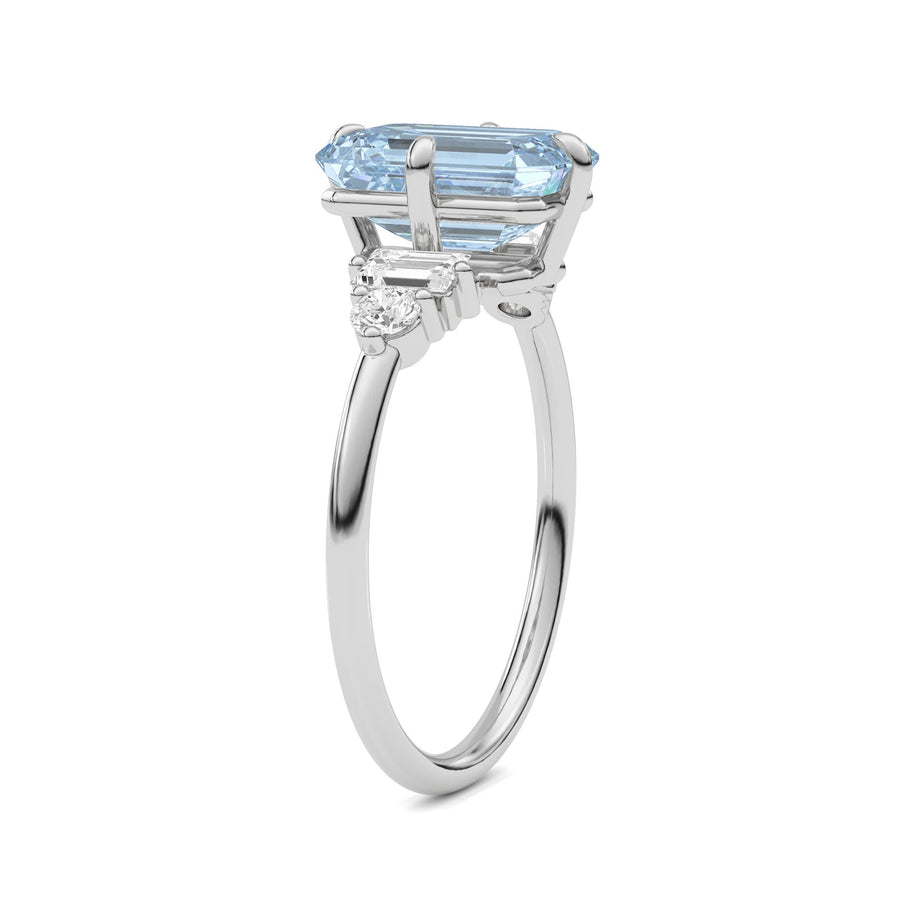 Silver Three-Stone Fancy Blue Emerald Cut Diamond Ring with Heart Side Stones