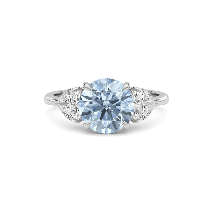 Platinum Three-Stone Fancy Blue Round Cut Diamond Ring with Heart Side Stones
