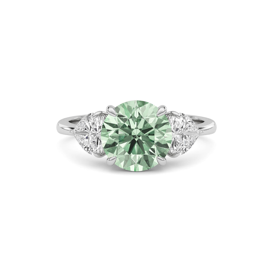 Platinum Three-Stone Fancy Green Round Cut Diamond Ring with Heart Side Stones