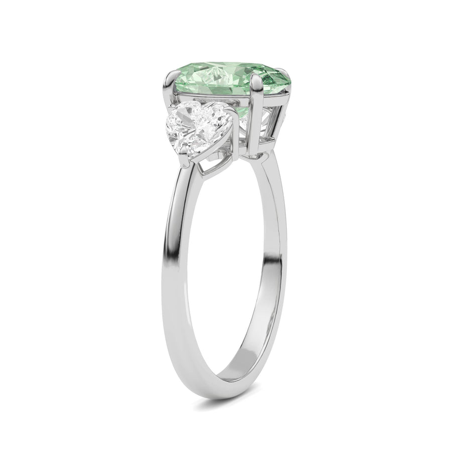 Platinum Three-Stone Fancy Green Oval Cut Diamond Ring with Heart Side Stones