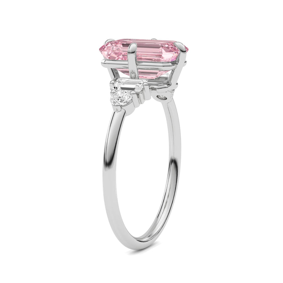 Platinum Three-Stone Fancy Pink Emerald Cut Diamond Ring with Heart Side Stones