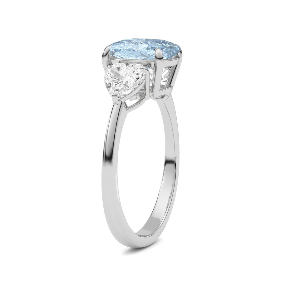 Platinum Three-Stone Fancy Blue Cushion Cut Diamond Ring with Heart Side Stones
