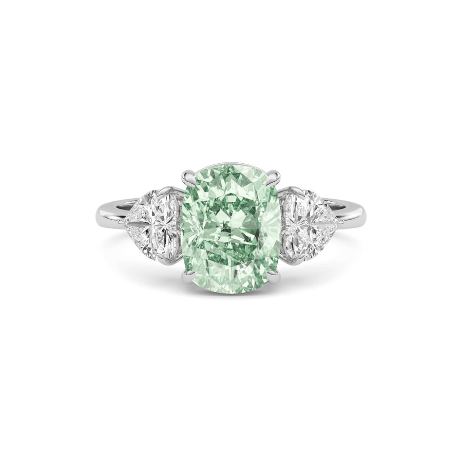 Platinum Three-Stone Fancy Green Cushion Cut Diamond Ring with Heart Side Stones
