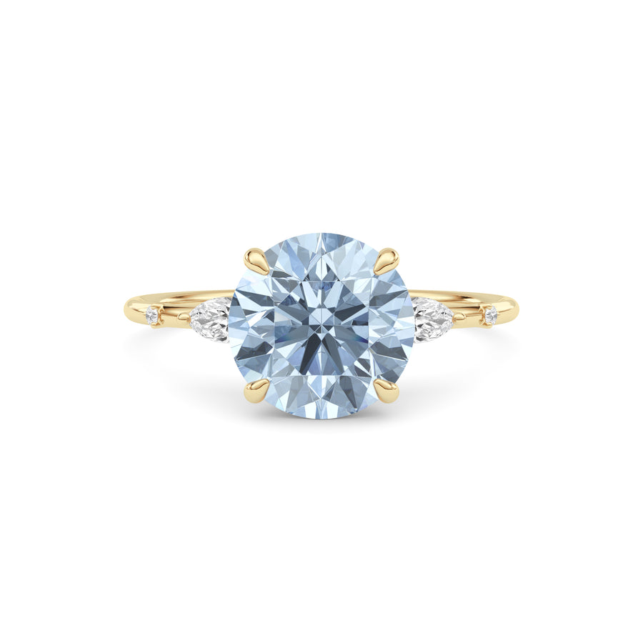 Yellow gold Fancy Blue Round Cut Diamond Marquise Side Stone Engagement Ring