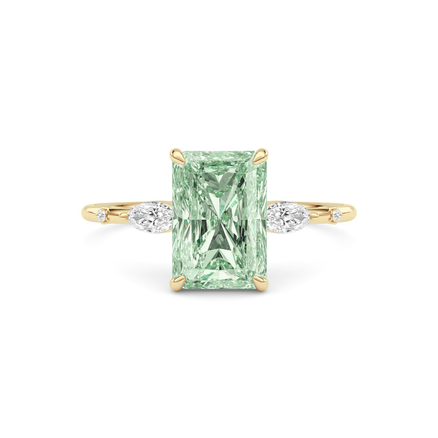 Yellow gold Fancy Green Radiant Cut Diamond Marquise Side Stone Engagement Ring